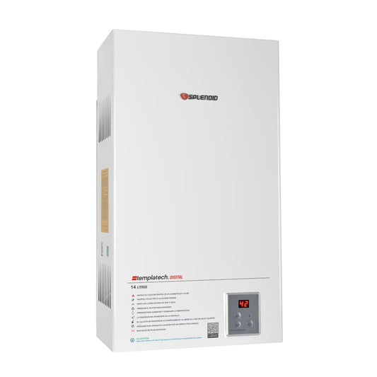 Calefont Splendid de 14 litros a gas licuado con tiro natural, muestra el equipo con sus componentes y acabado en color blanco.