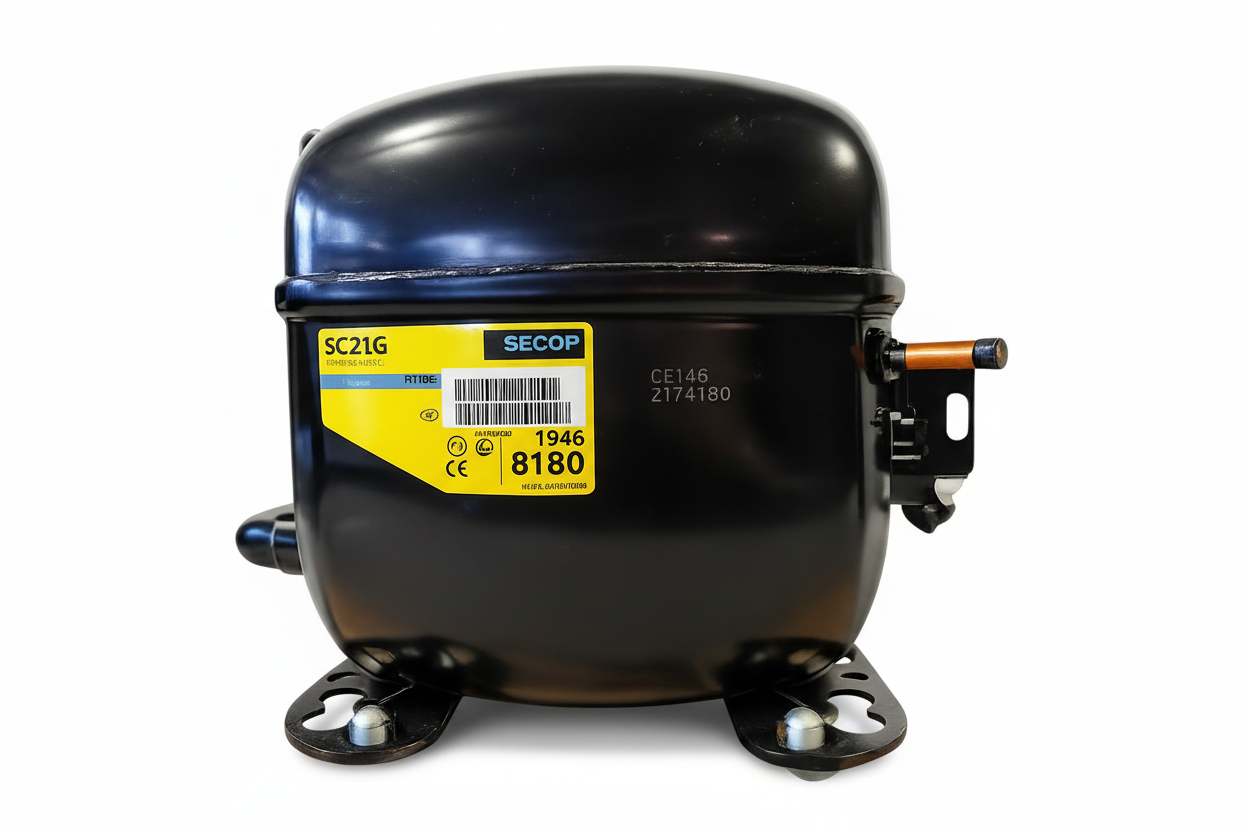 Compresor de refrigeración Secop SC21G 1/2 HP R-134a, media baja presión, para sistemas de refrigeración, en color negro.