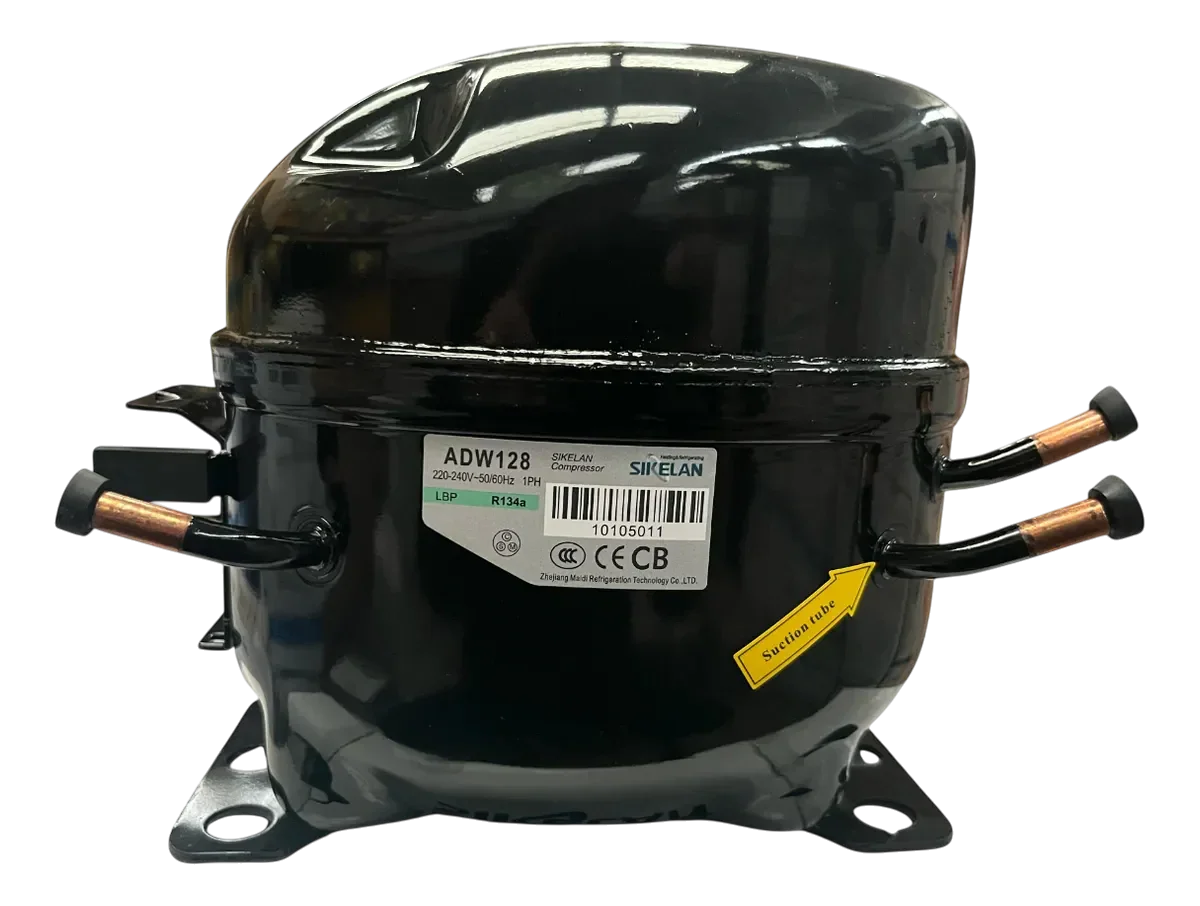 Compresor hermético Sikelan ADW128 para refrigeración, 220V, compatible con gas R134a.