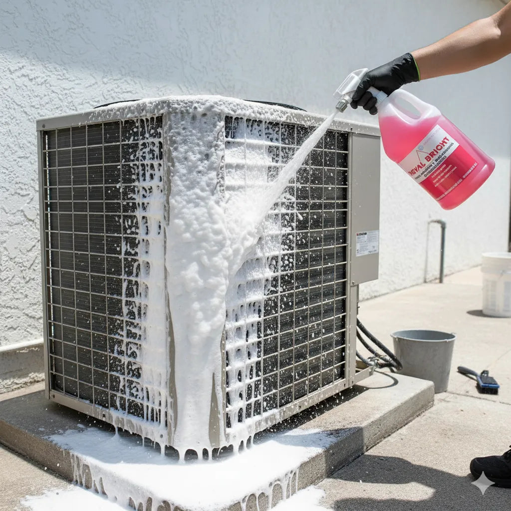 Detergente Royal Bright condensador rosado en botella de 3.8 litros, producto de limpieza para aire acondicionado de RC Frío Asistencias.