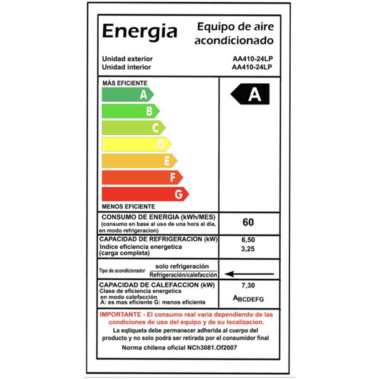 Etiqueta de eficiencia energética para aire acondicionado Inverter 24000 BTU, clase A, consumo de energía y capacidades de refrigeración y calefacción.