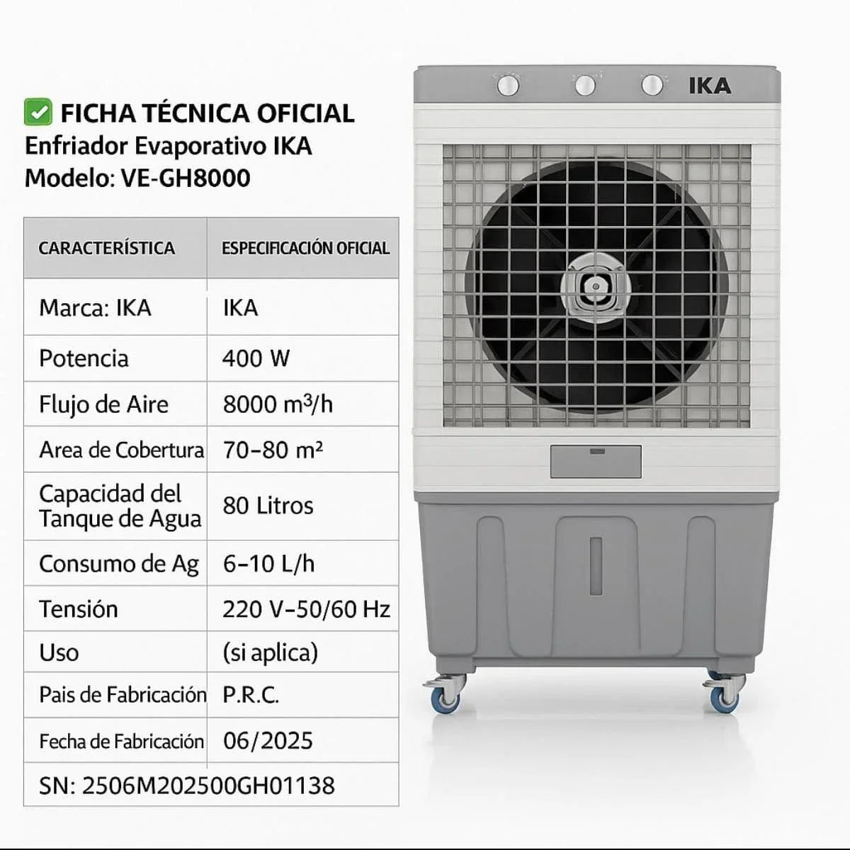 Enfriador evaporativo industrial IKA VE-GH8000, ficha técnica y vista frontal del equipo.