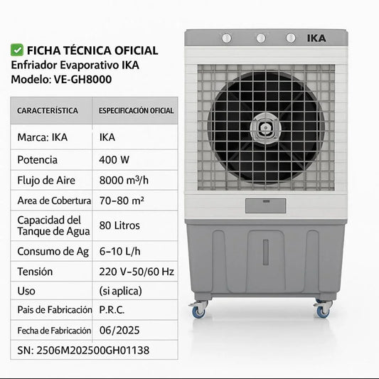 Enfriador evaporativo industrial IKA VE-GH8000, ficha técnica y vista frontal del equipo.