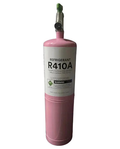 Cilindro rosa de gas refrigerante R410A para sistemas de climatización y refrigeración industrial.