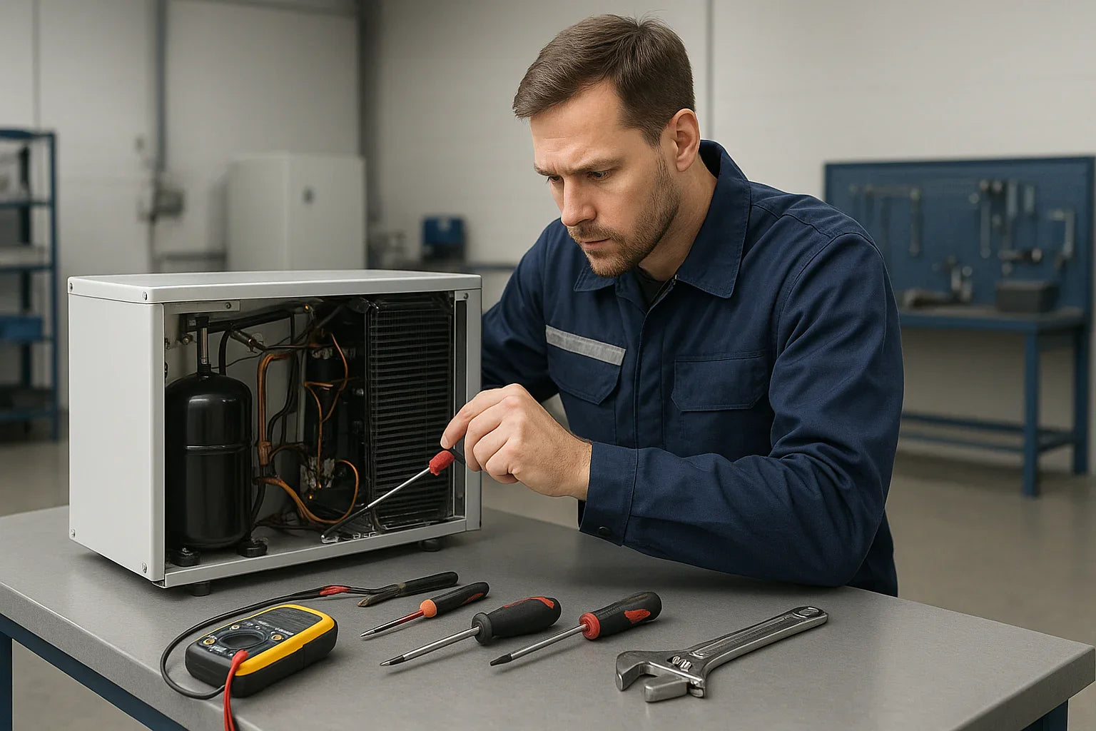 Técnico revisando equipo de refrigeración con herramientas, servicio de mantenimiento de aire acondicionado y cámaras frigoríficas en taller.