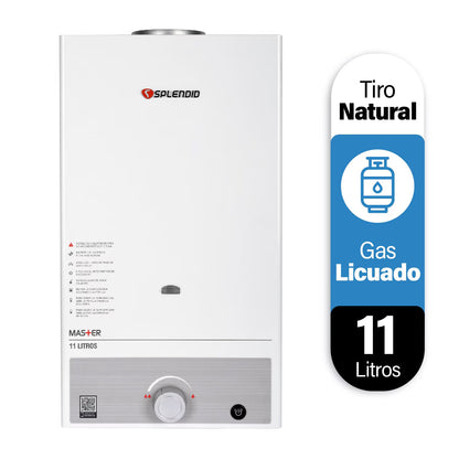 Calefont Splendid de 11 litros a gas licuado con tiro natural, vista del panel y salida de gases trasera.