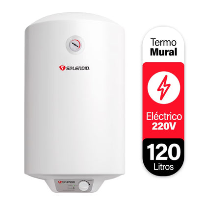 Termo eléctrico mural Splendid de 120 litros, vista frontal del termo con panel de control y depósito en color blanco.