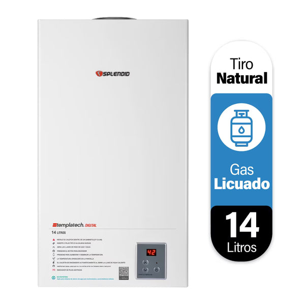 Calefont Splendid de 14 litros a gas licuado con tiro natural, visible en la imagen, ideal para calefacción de agua.