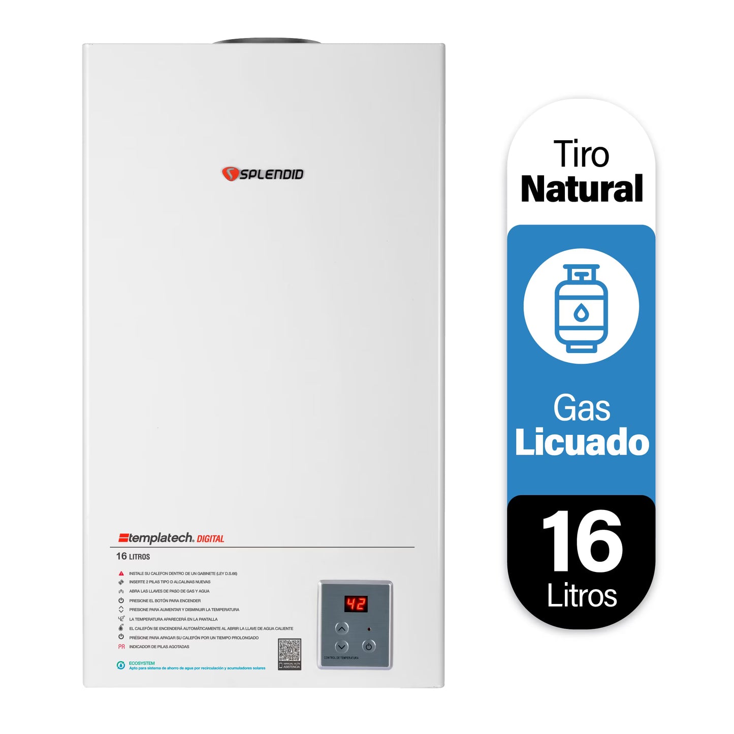 Calefont Splendid de gas licuado de 16 litros con tiro natural, visible en imagen.