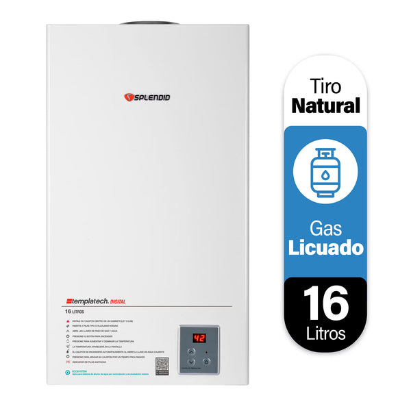Calefont Splendid de gas licuado de 16 litros con tiro natural, visible en imagen.