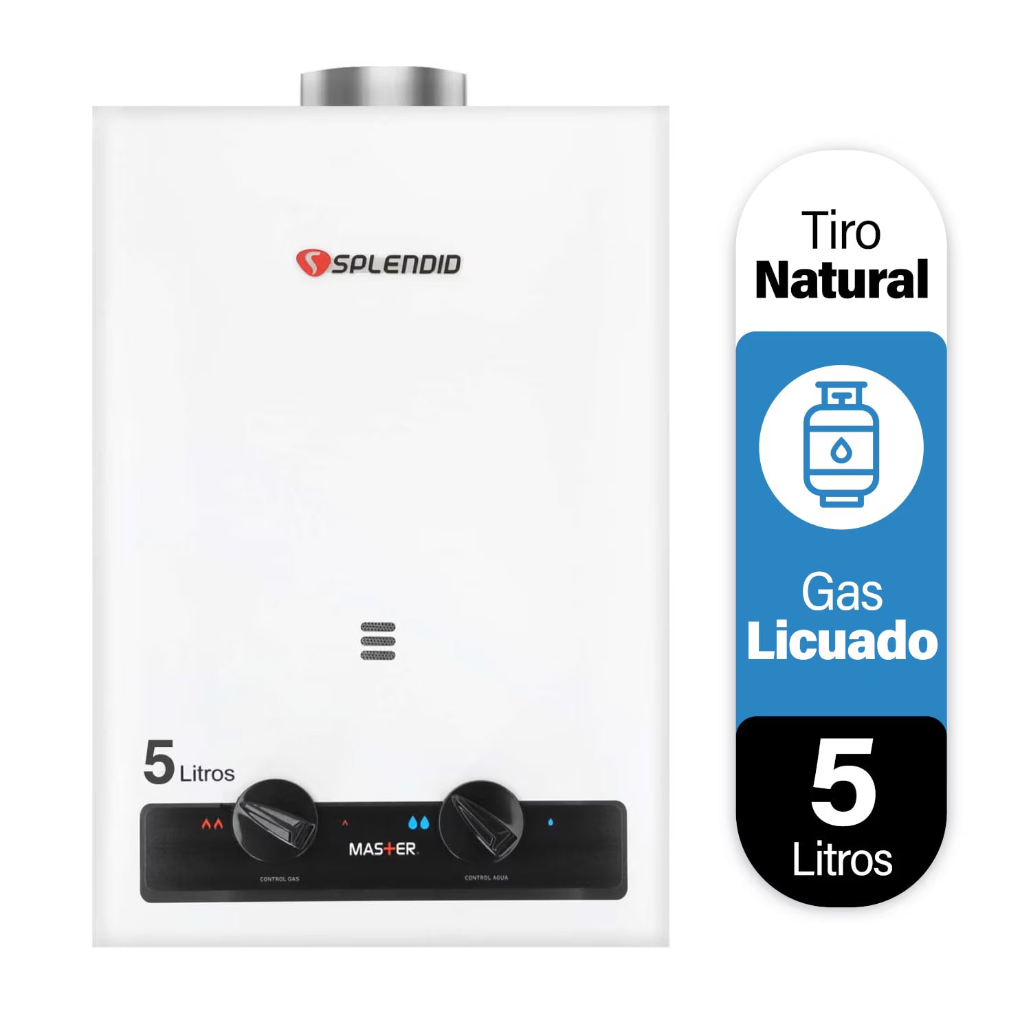 Calefont Splendid de 5 litros para gas licuado con tiro natural, visible en imagen con componentes y diseño compacto