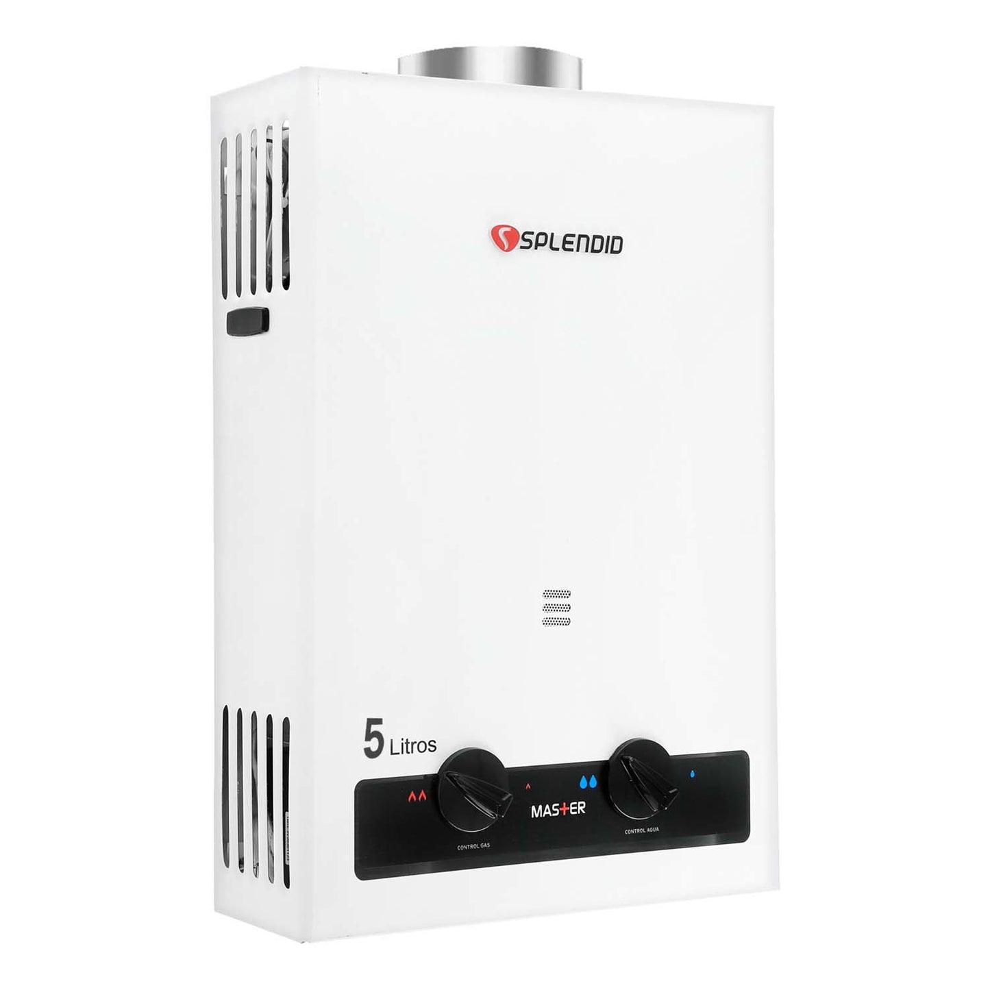 Calefont Splendid de 5 litros para gas licuado con tiro natural, visible en la imagen, ideal para calefacción de agua.