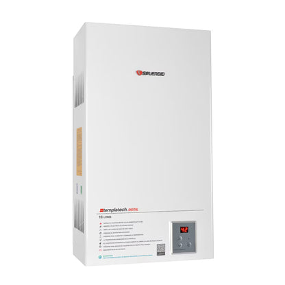 Calefont Splendid de 16 litros a gas licuado con tiro natural, visible en la imagen.