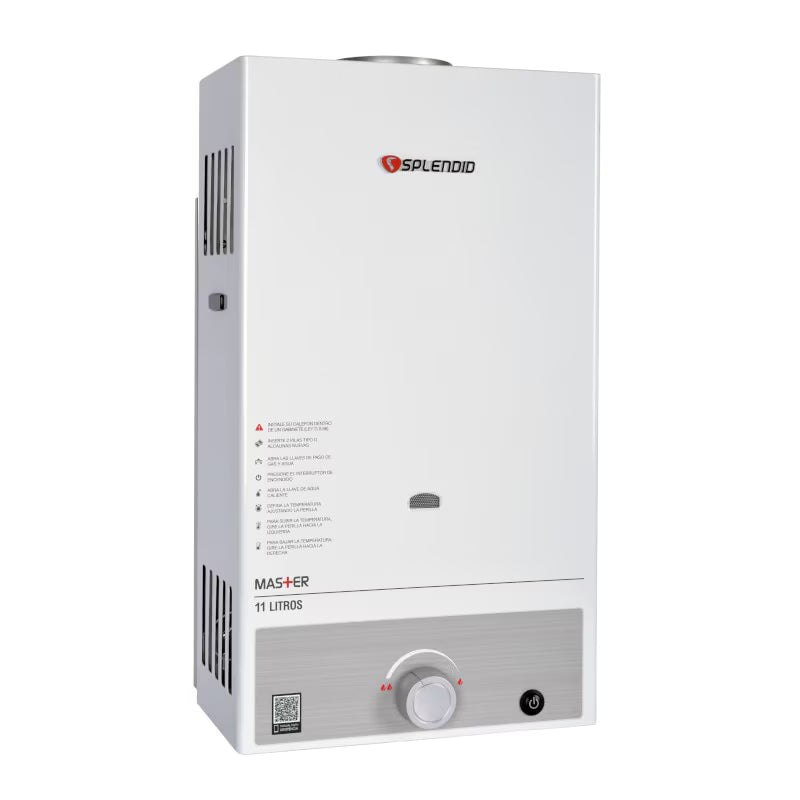 Calefont Splendid de 11 litros a gas licuado con tiro natural, visible con controles y panel de acceso en la imagen.