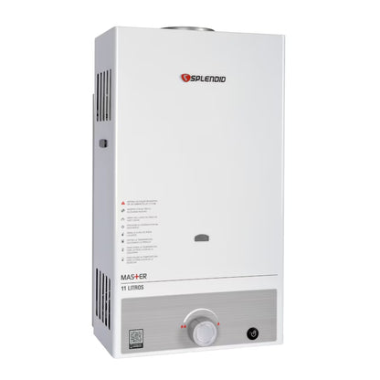 Calefont Splendid de 11 litros a gas licuado con tiro natural, visible con controles y panel de acceso en la imagen.