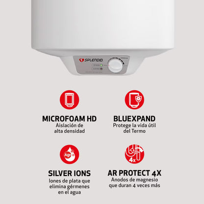 Termo eléctrico mural de 100 litros de la marca Splendid, mostrando su panel de control y capacidad en una pared.