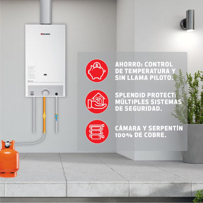 Calefont Splendid de 11 litros a gas licuado con tiro natural, visible en la imagen, para agua caliente eficiente y segura