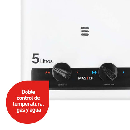 Calefont Splendid de 5 litros a gas licuado con tiro natural, visible en la imagen con controles y tubo de salida de gases.