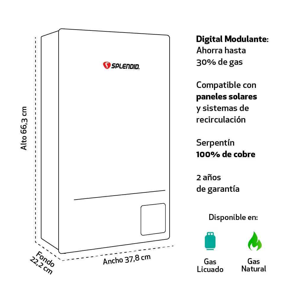Calefont Splendid de 14 litros a gas licuado con tiro natural, mostrando la unidad y sus controles en la imagen.