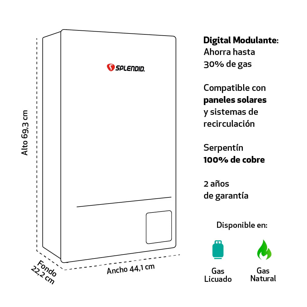 Calefont Splendid de 16 litros a gas licuado con tiro natural, muestra el panel de control y salida de agua caliente.