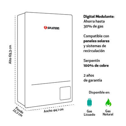 Calefont Splendid de 16 litros a gas licuado con tiro natural, muestra el panel de control y salida de agua caliente.