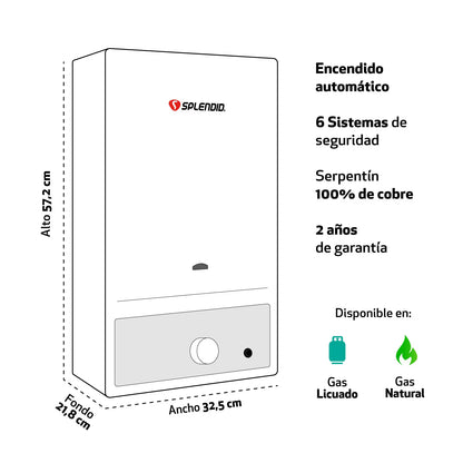 Calefont Splendid de 11 litros a gas licuado con tiro natural, mostrando su panel de control y diseño compacto.