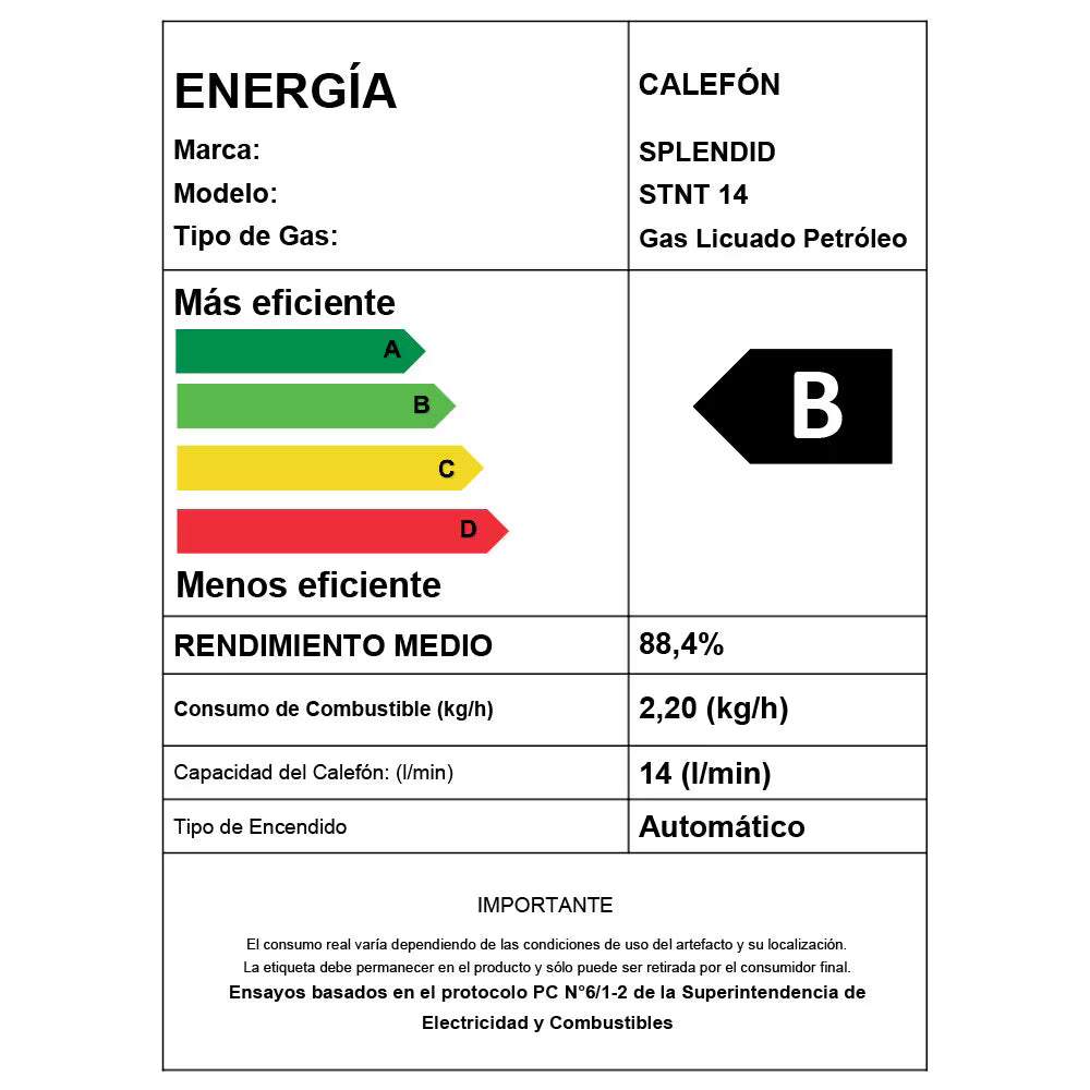 Calefont Splendid de 14 litros a gas licuado, con tiro natural, visible en imagen con controles y estructura metálica.