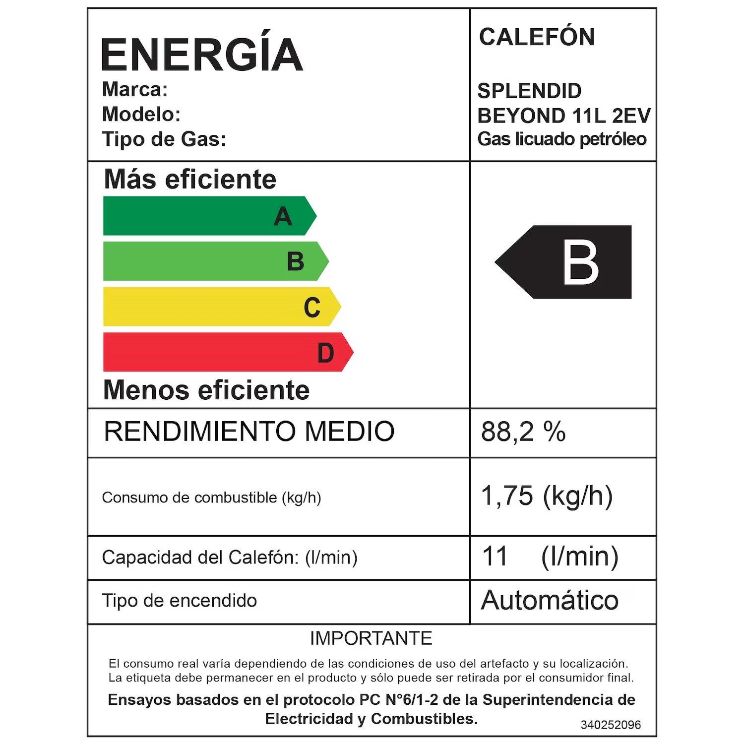 Calefont Splendid de 11 litros a gas licuado con tiro natural, mostrando su panel de control y cuerpo resistente en imagen.