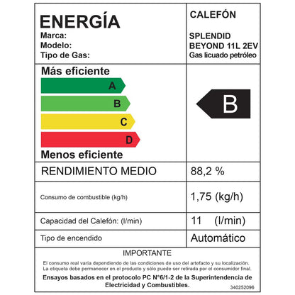 Calefont Splendid de 11 litros a gas licuado con tiro natural, mostrando su panel de control y cuerpo resistente en imagen.