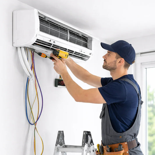 Técnico instalando aire acondicionado split en pared, servicio de climatización y refrigeración