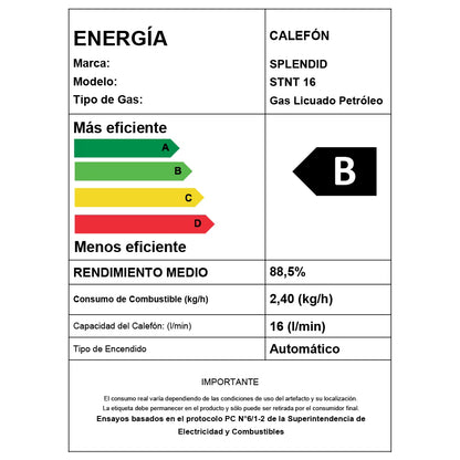 Calefont Splendid de 16 litros a gas licuado con tiro natural, con controles y quemador visible para agua caliente eficiente.