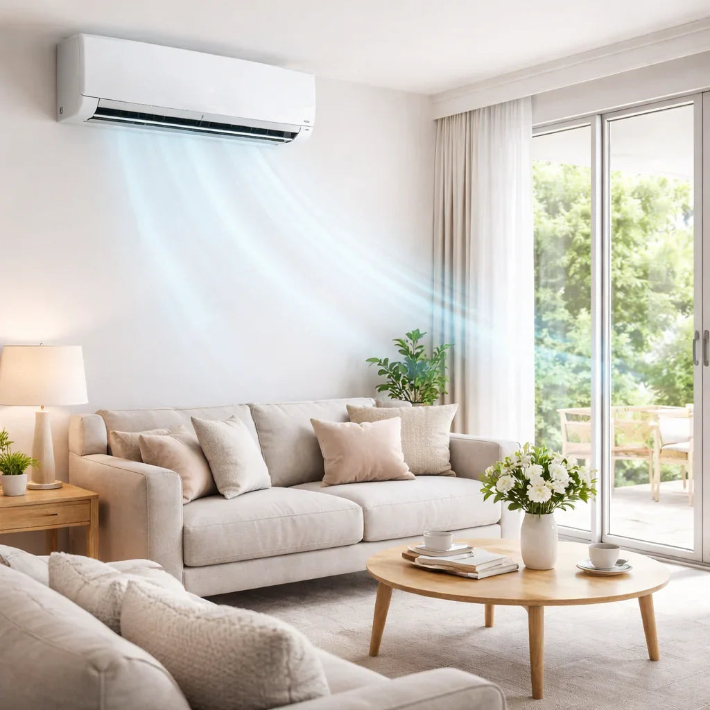 Aire acondicionado split funcionando en salón moderno, climatización residencial eficiente