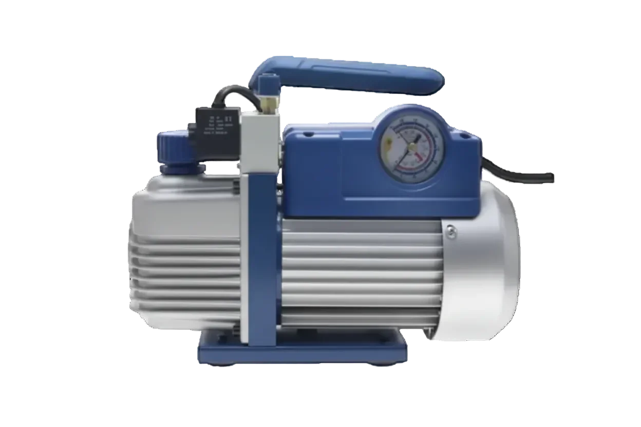 Bomba de vacío para refrigeración, color azul y plateado, con manómetro visible