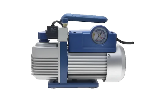 Bomba de vacío para refrigeración, color azul y plateado, con manómetro visible