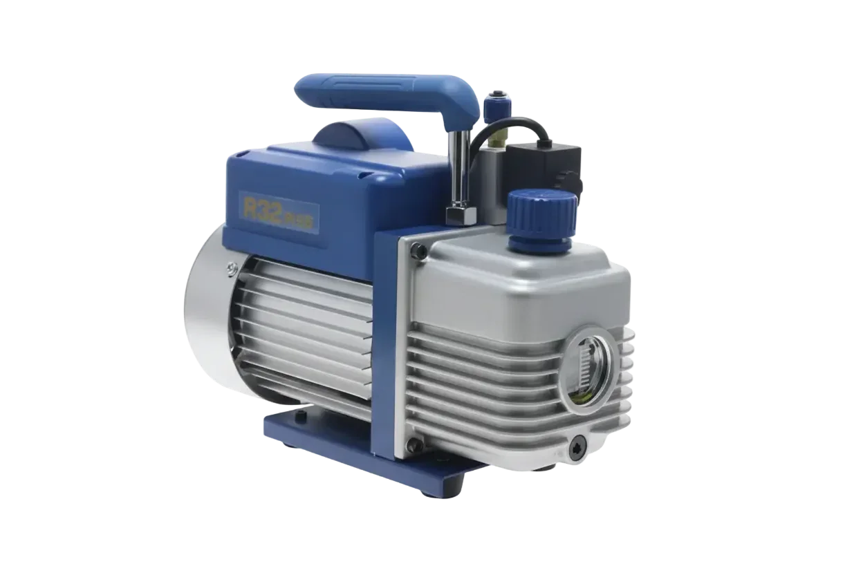 Bomba de vacío para refrigeración color azul y plateado, ideal para sistemas de aire acondicionado