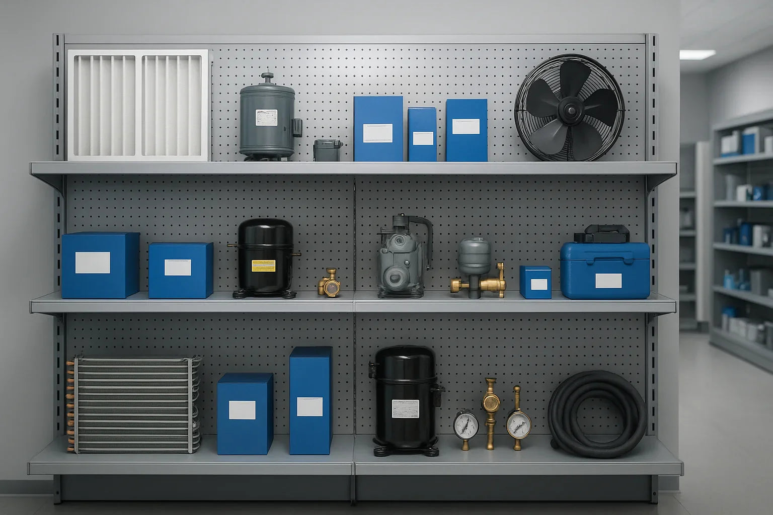 Estantería con repuestos de refrigeración, compresores, filtros, manómetros y ventilador industrial.