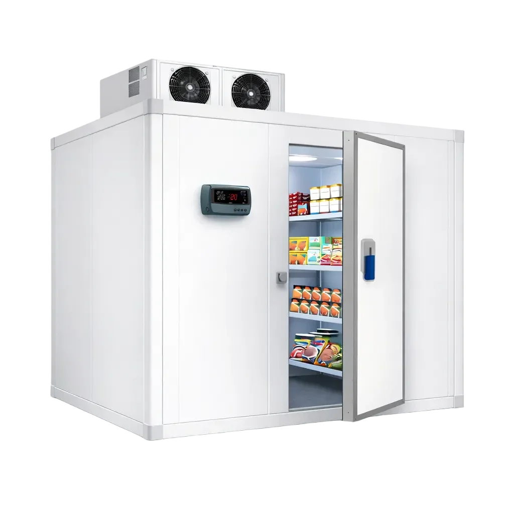 Cámara frigorífica industrial con puerta abierta, alimentos y sistema de refrigeración visible