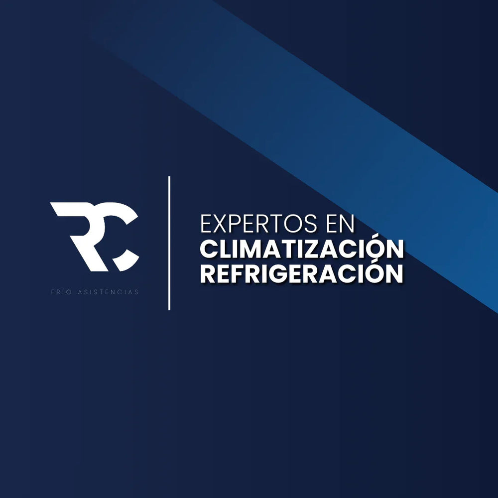 Banner azul oscuro con texto 'Expertos en climatización y refrigeración', fondo moderno