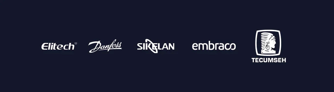 Logos de marcas de refrigeración: Elitech, Danfoss, Sikelan, Embraco y Tecumseh.