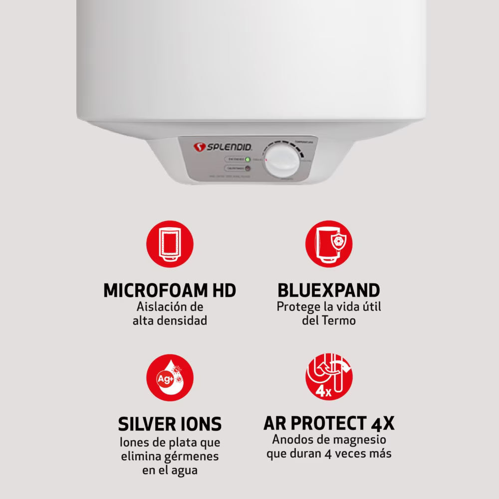 Termo eléctrico mural Splendid de 50 litros, muestra el panel de control y el cilindro de almacenamiento en un ambiente doméstico.