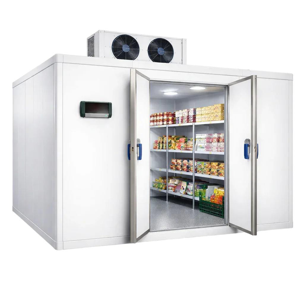 Cámara frigorífica industrial con estanterías llenas de alimentos y sistema de refrigeración visible.