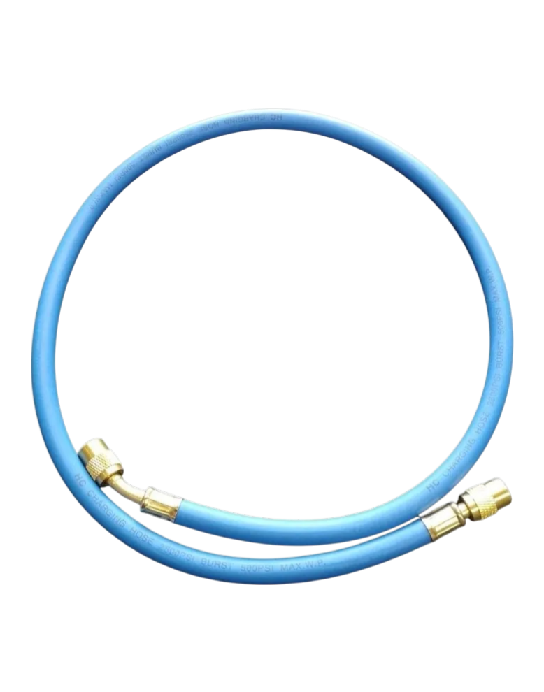 Manguera R-410A de refrigeración de 90cm para sistemas de aire acondicionado, marca RC Frío Asistencias, en una imagen.