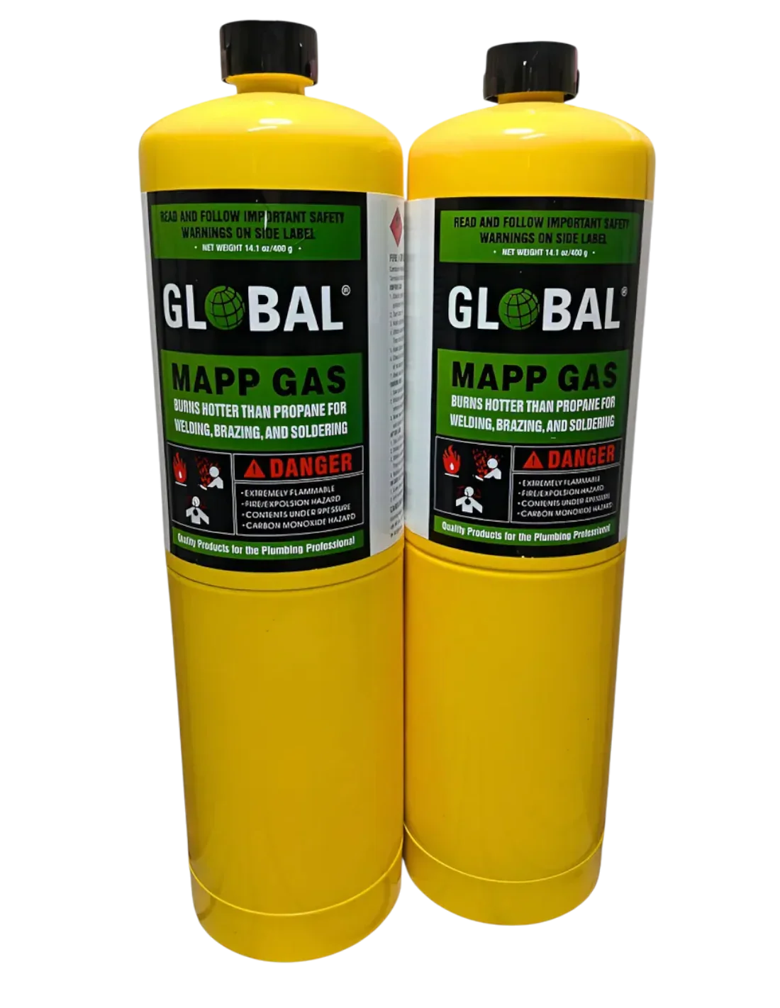 Dos cilindros de gas MAPP amarillo para soldadura, refrigeración y climatización
