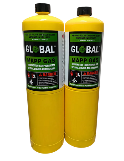 Dos cilindros de gas MAPP amarillo para soldadura, refrigeración y climatización