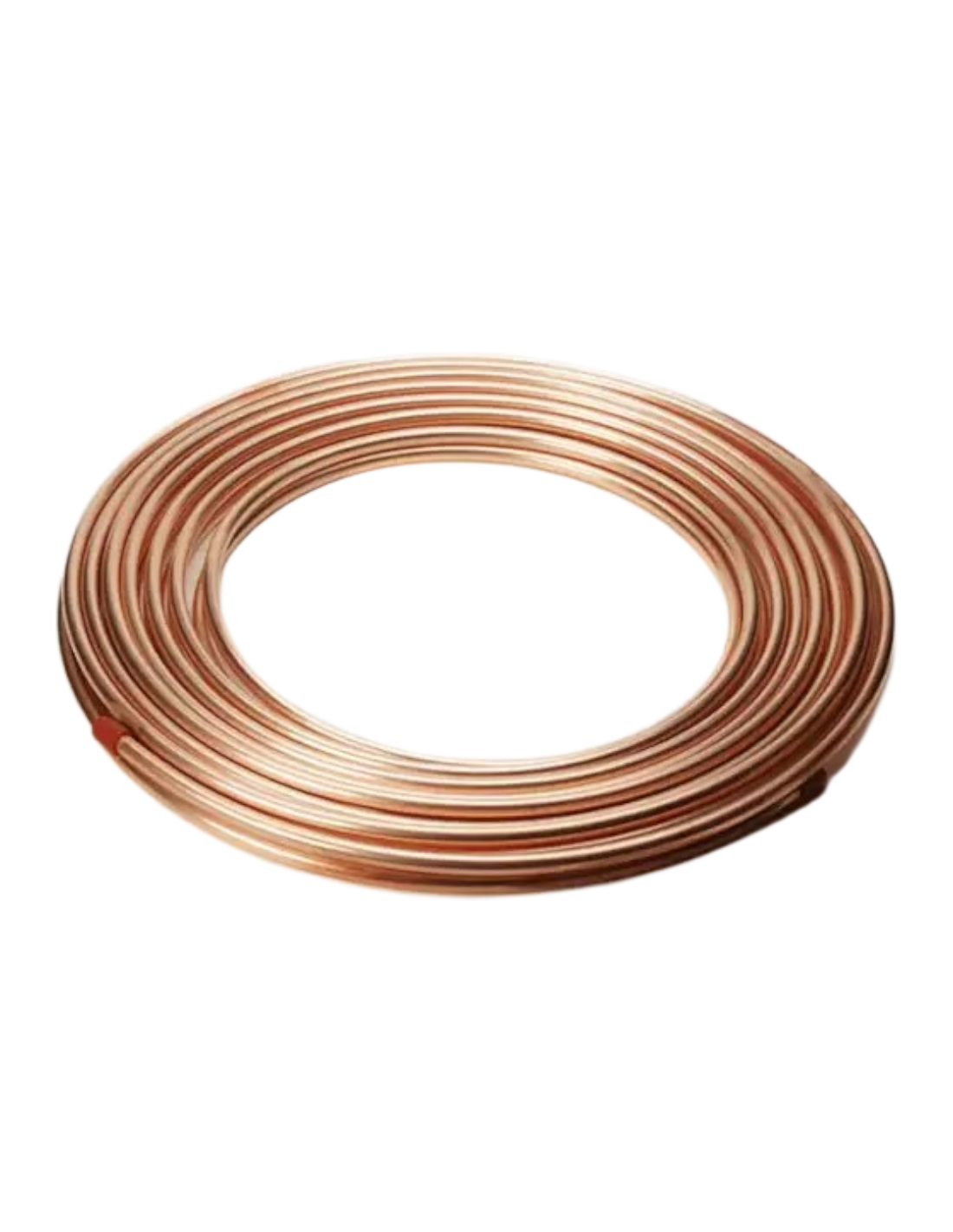Tubería de cobre recocida en rollo de 15 metros de la marca RC Frío Asistencias, mostrando la superficie metálica y flexible.
