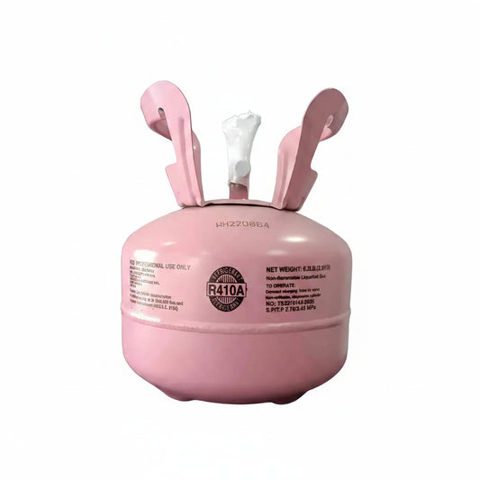 Bombona de refrigerante R410A de 2,8 kg de la marca RC Frío Asistencias, con recipiente compacto y etiquetado visible.