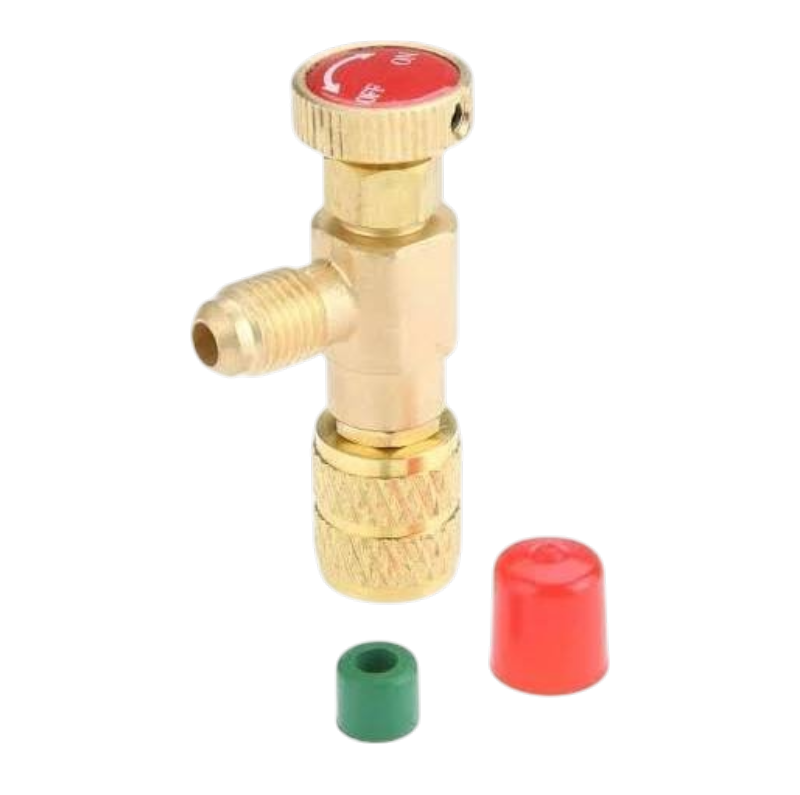 Válvula de seguridad alta de 1/4" a 5/16" para refrigeración, marca RC Frío Asistencias, en imagen.