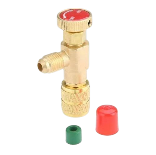 Válvula de seguridad alta de 1/4" a 5/16" para refrigeración, marca RC Frío Asistencias, en imagen.