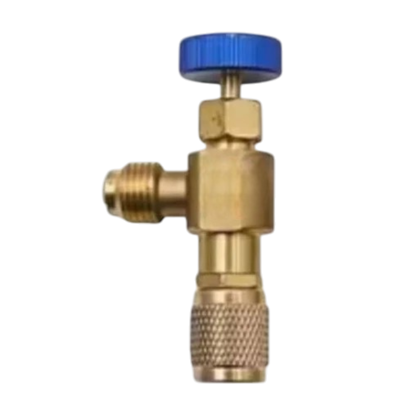 Válvula de seguridad baja de 1/4" para refrigeración, marca RC Frío Asistencias, con conexión SAE para sistemas de refrigeración.