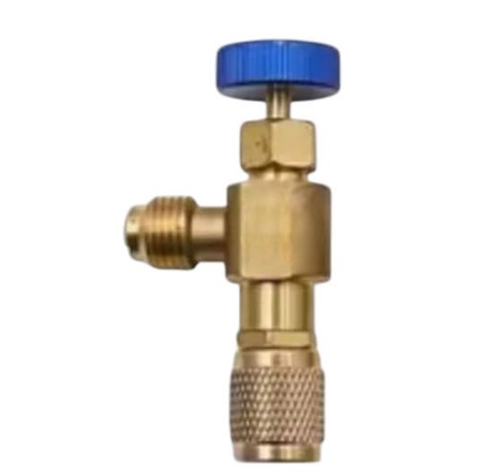 Válvula de seguridad baja de 1/4" para refrigeración, marca RC Frío Asistencias, con conexión SAE para sistemas de refrigeración.